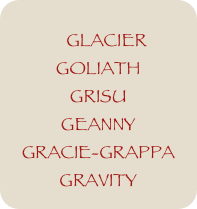 
    GLACIER
GOLIATH
GRISU
GEANNY
GRACIE-GRAPPA
GRAVITY